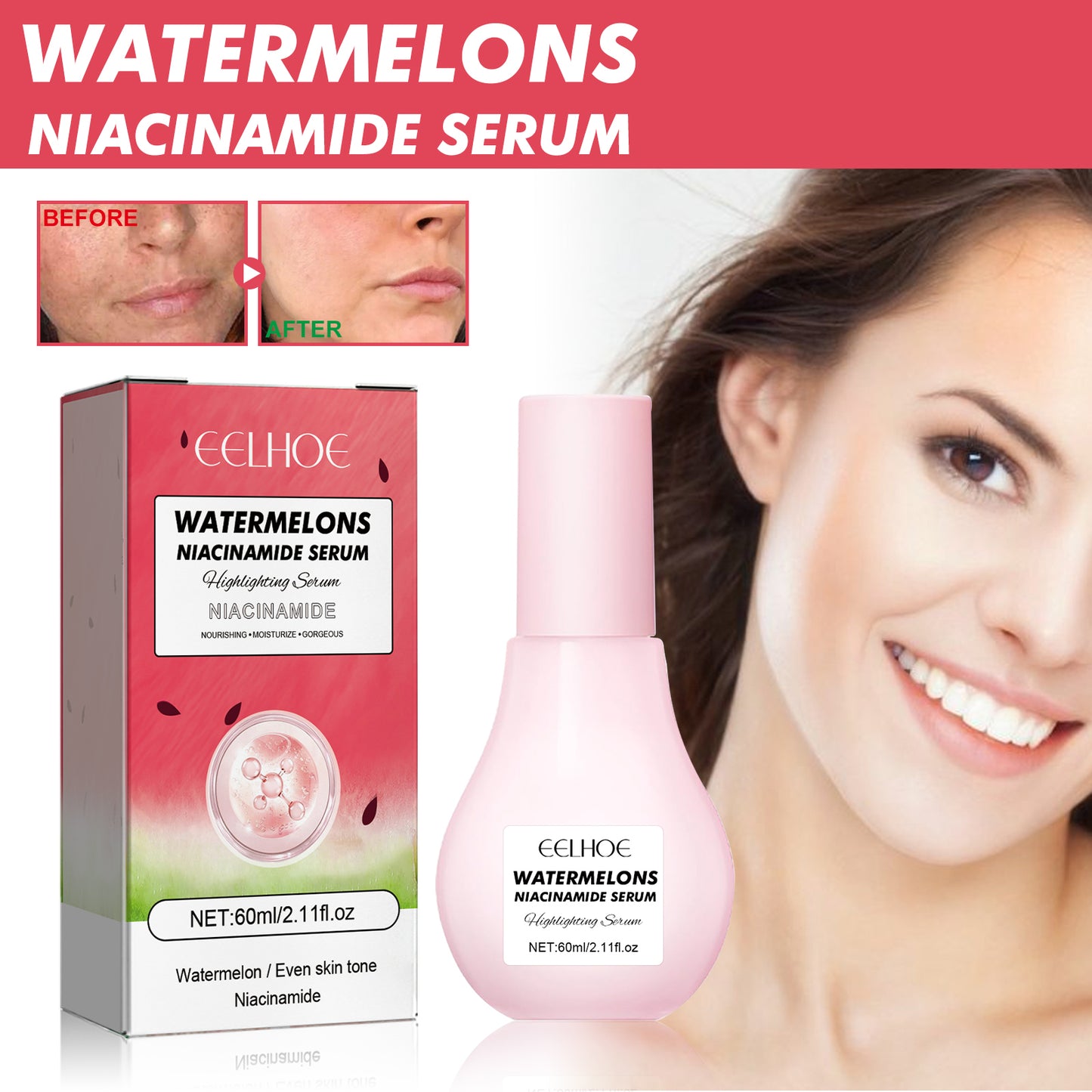 EELHOE Watermelons Niacinamide Serum, Dilute Spots Firming Haun White Skin Hydrating Moisture Essence