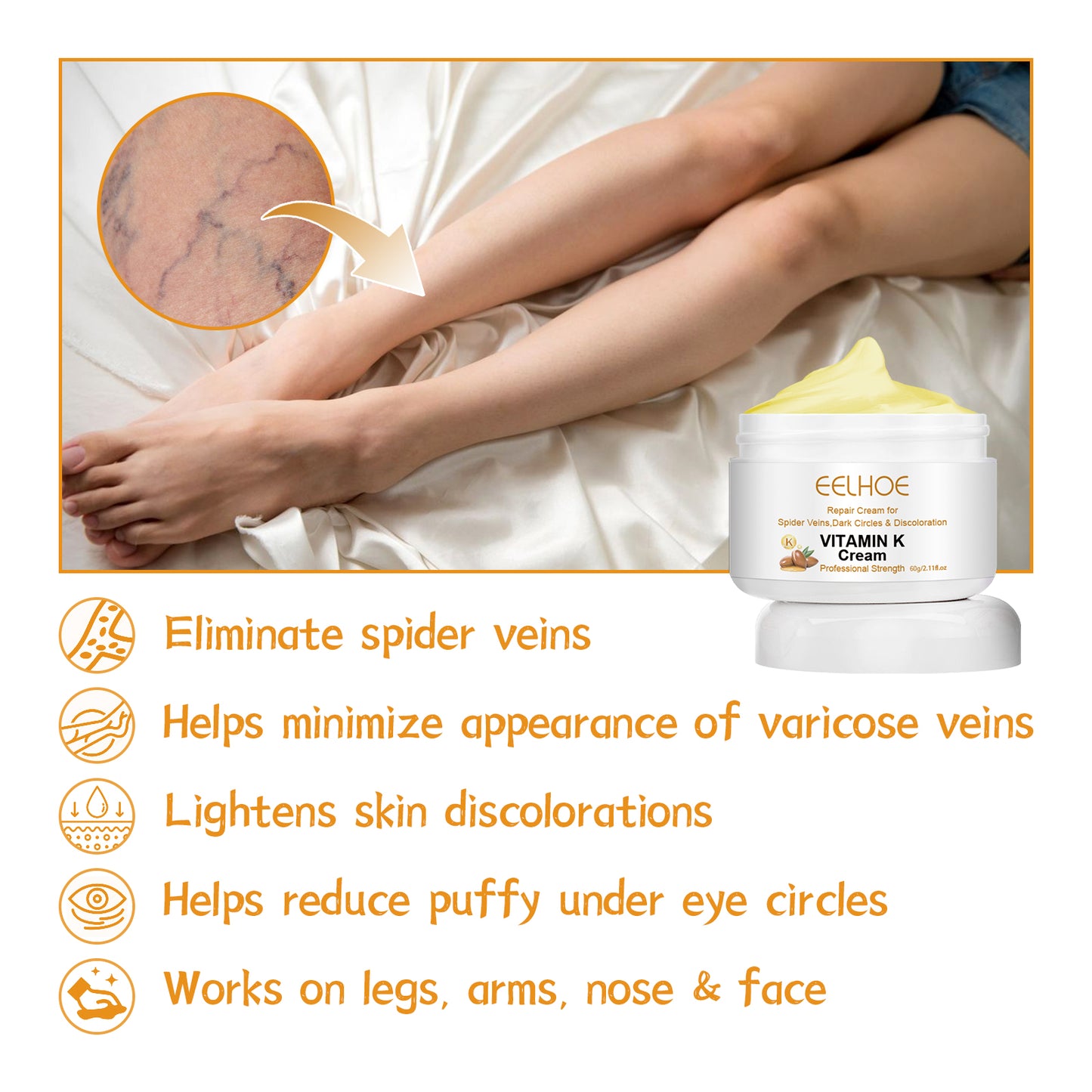 EELHOE Vitamin K Cream Skin Care For Sore And Swollen Legs Earthworm Leg Vein Massage Cream